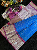 Azure Blue Magenta Gadwal Handloom Pure Silk