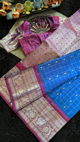 Azure Blue Magenta Gadwal Handloom Pure Silk