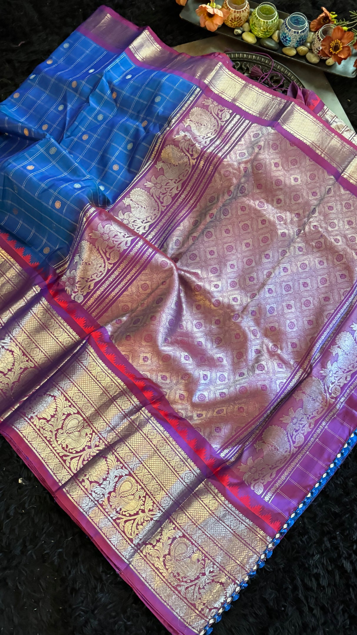 Azure Blue Magenta Gadwal Handloom Pure Silk