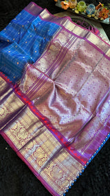 Azure Blue Magenta Gadwal Handloom Pure Silk