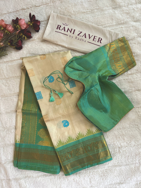 Ivory beige aquamarine Combo Gadwal Pure Silk