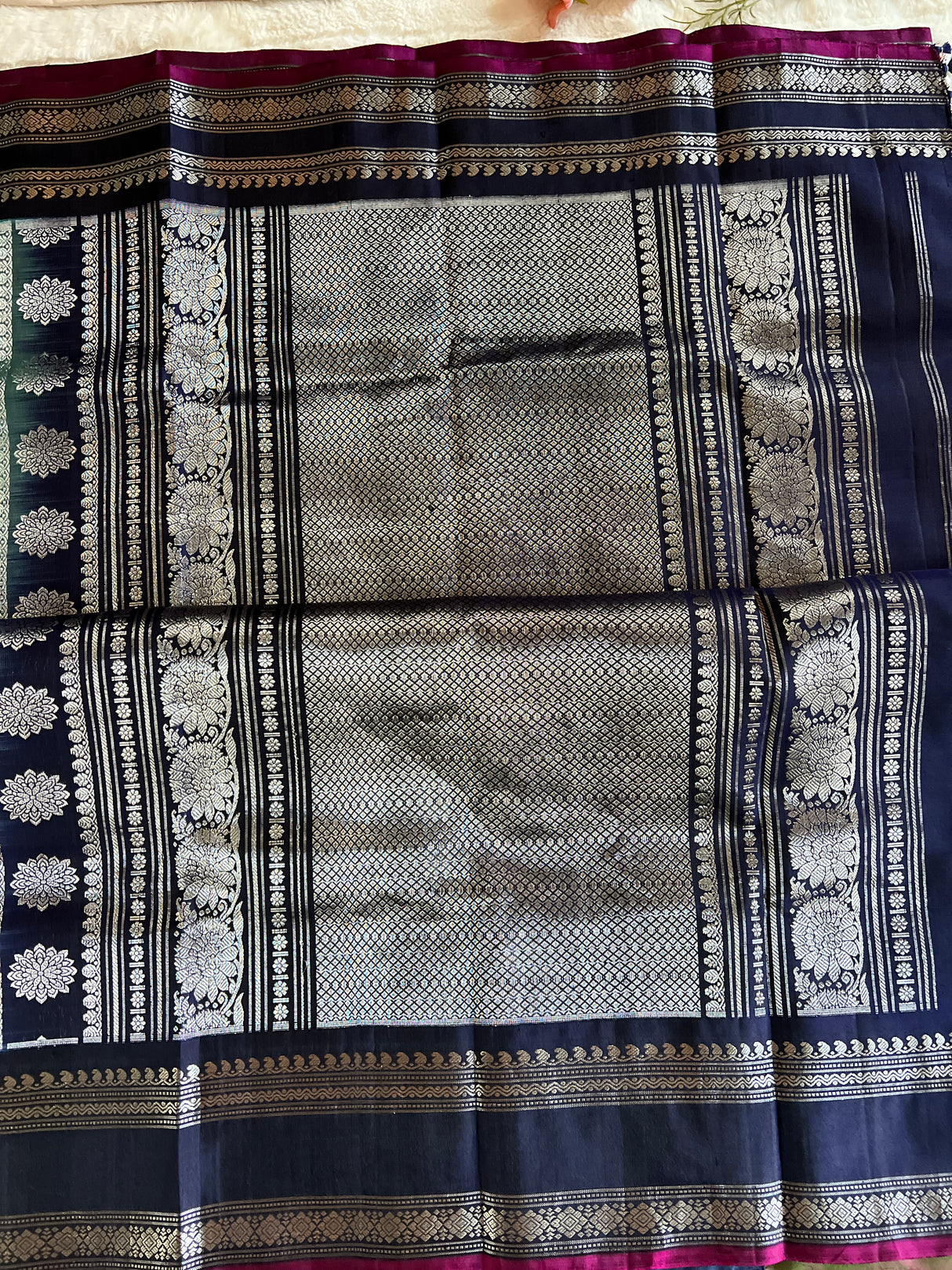 Aquamarine Navy Blue Combo Gadwal Handloom Pure Silk