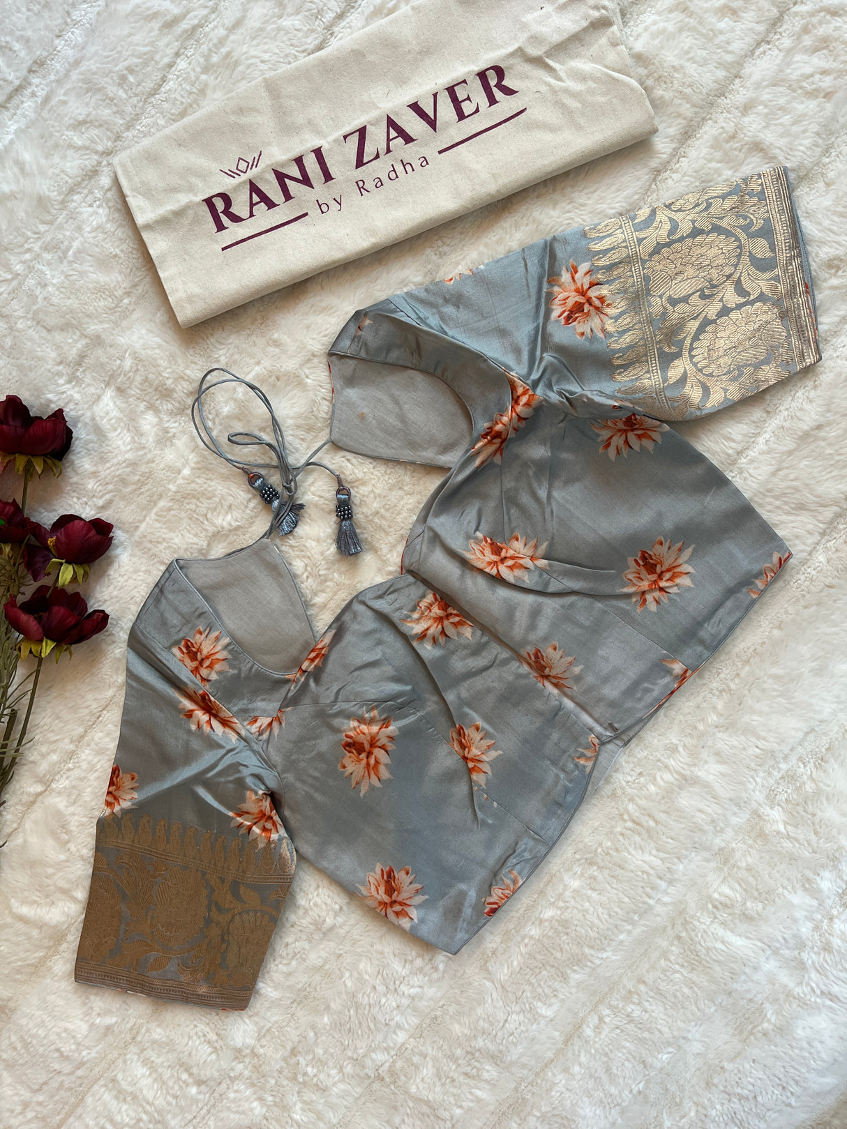 Powder Blue Floral Digital Print Banaras Lightweight Pure SIlk