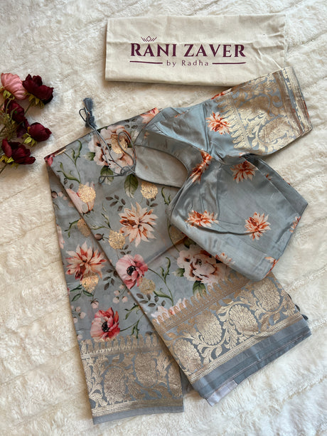 Powder Blue Floral Digital Print Banaras Lightweight Pure SIlk