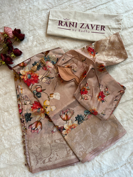 Pastel Peachy Pink Floral Digital Print Banaras Lightweight Pure SIlk