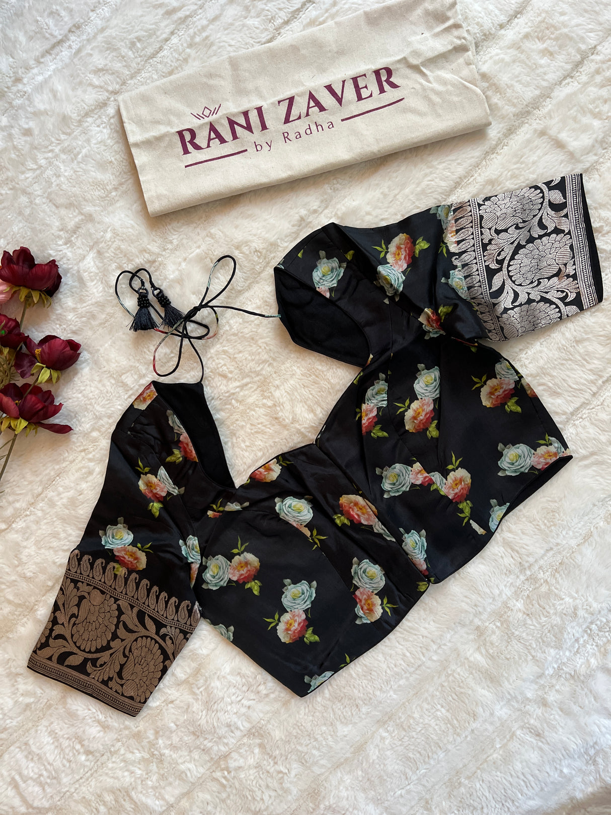 Black Floral Digital Print Banaras Lightweight Pure SIlk