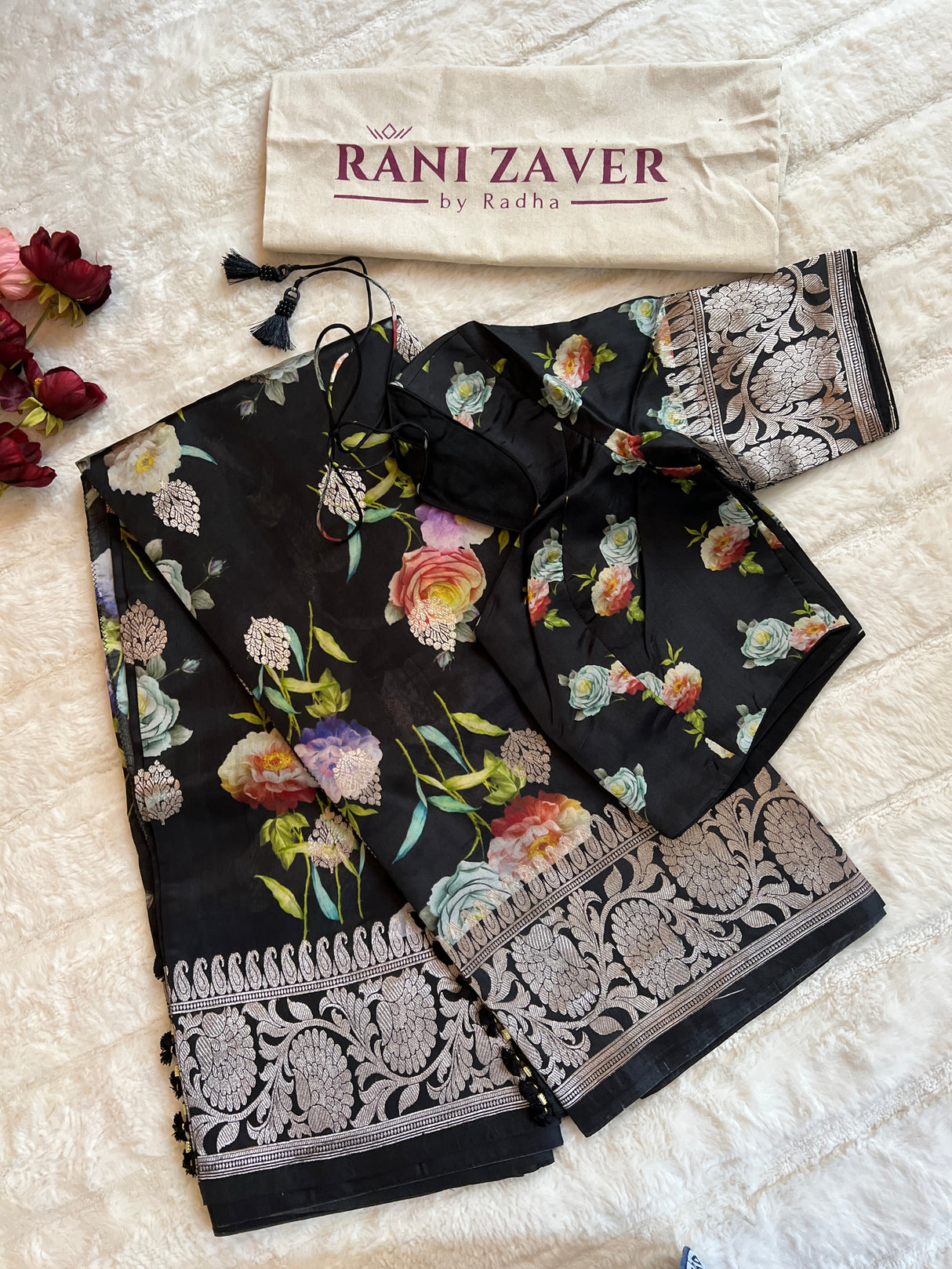 Black Floral Digital Print Banaras Lightweight Pure SIlk