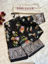 Black Floral Digital Print Banaras Lightweight Pure SIlk