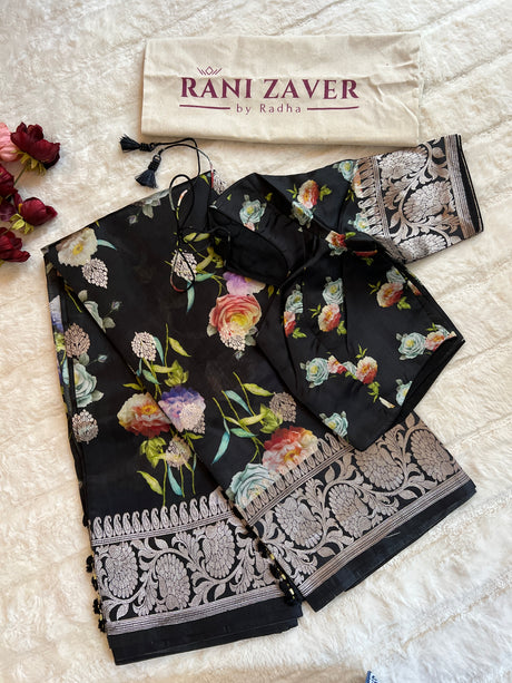 Black Floral Digital Print Banaras Lightweight Pure SIlk