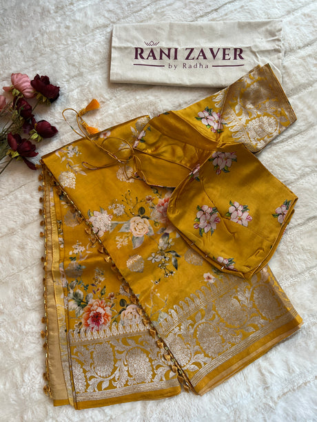 Yellow Floral Digital Print Banaras Lightweight Pure SIlk
