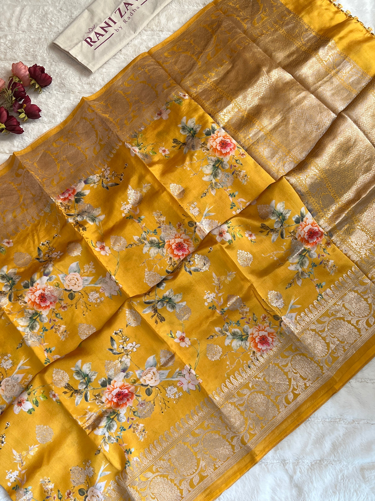 Yellow Floral Digital Print Banaras Lightweight Pure SIlk
