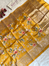 Yellow Floral Digital Print Banaras Lightweight Pure SIlk