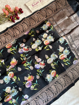 Black Floral Digital Print Banaras Lightweight Pure SIlk
