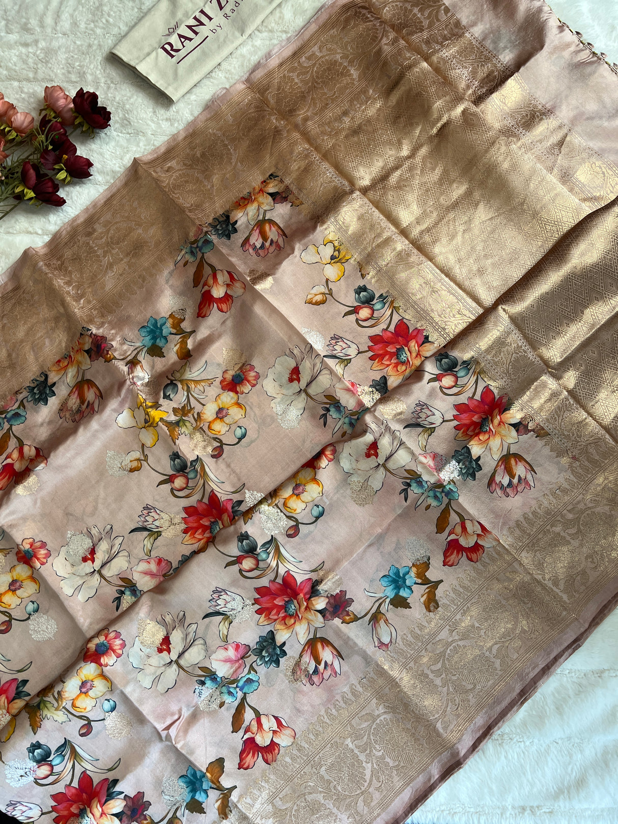 Pastel Peachy Pink Floral Digital Print Banaras Lightweight Pure SIlk