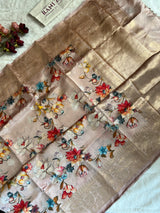 Pastel Peachy Pink Floral Digital Print Banaras Lightweight Pure SIlk