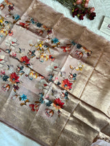 Pastel Peachy Pink Floral Digital Print Banaras Lightweight Pure SIlk