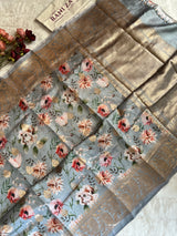 Powder Blue Floral Digital Print Banaras Lightweight Pure SIlk