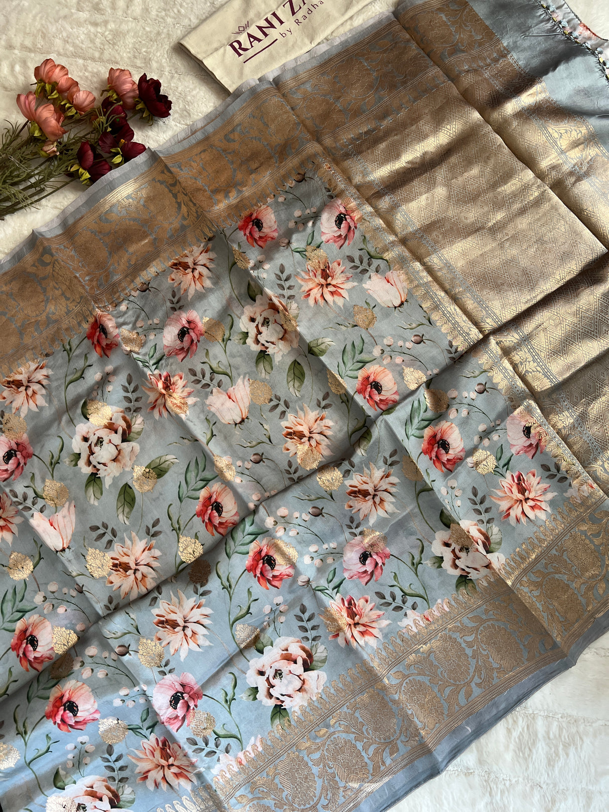 Powder Blue Floral Digital Print Banaras Lightweight Pure SIlk