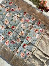 Powder Blue Floral Digital Print Banaras Lightweight Pure SIlk
