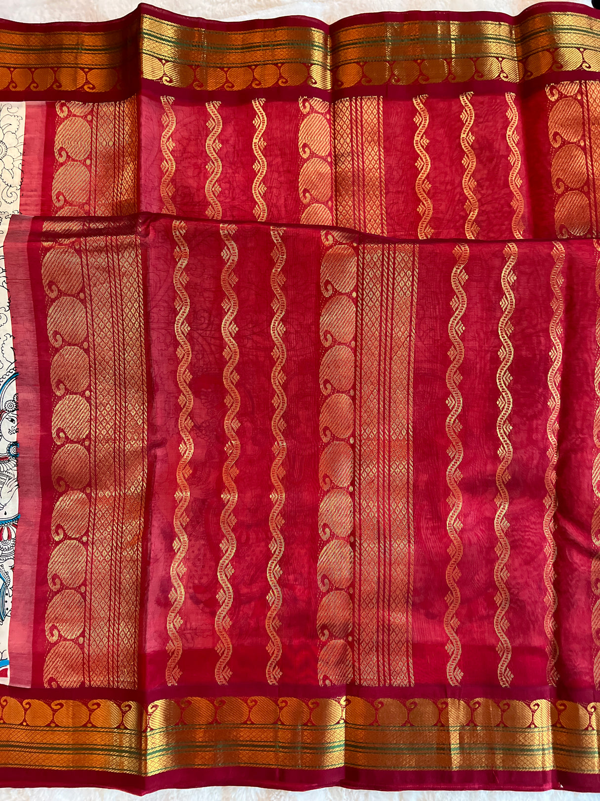 Pearl white/maroon SECO Kanjeevaram pure Silk cotton Handloom Saree With Stitched Blouse AUS