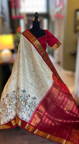 Pearl white/maroon SECO Kanjeevaram pure Silk cotton Handloom Saree With Stitched Blouse AUS