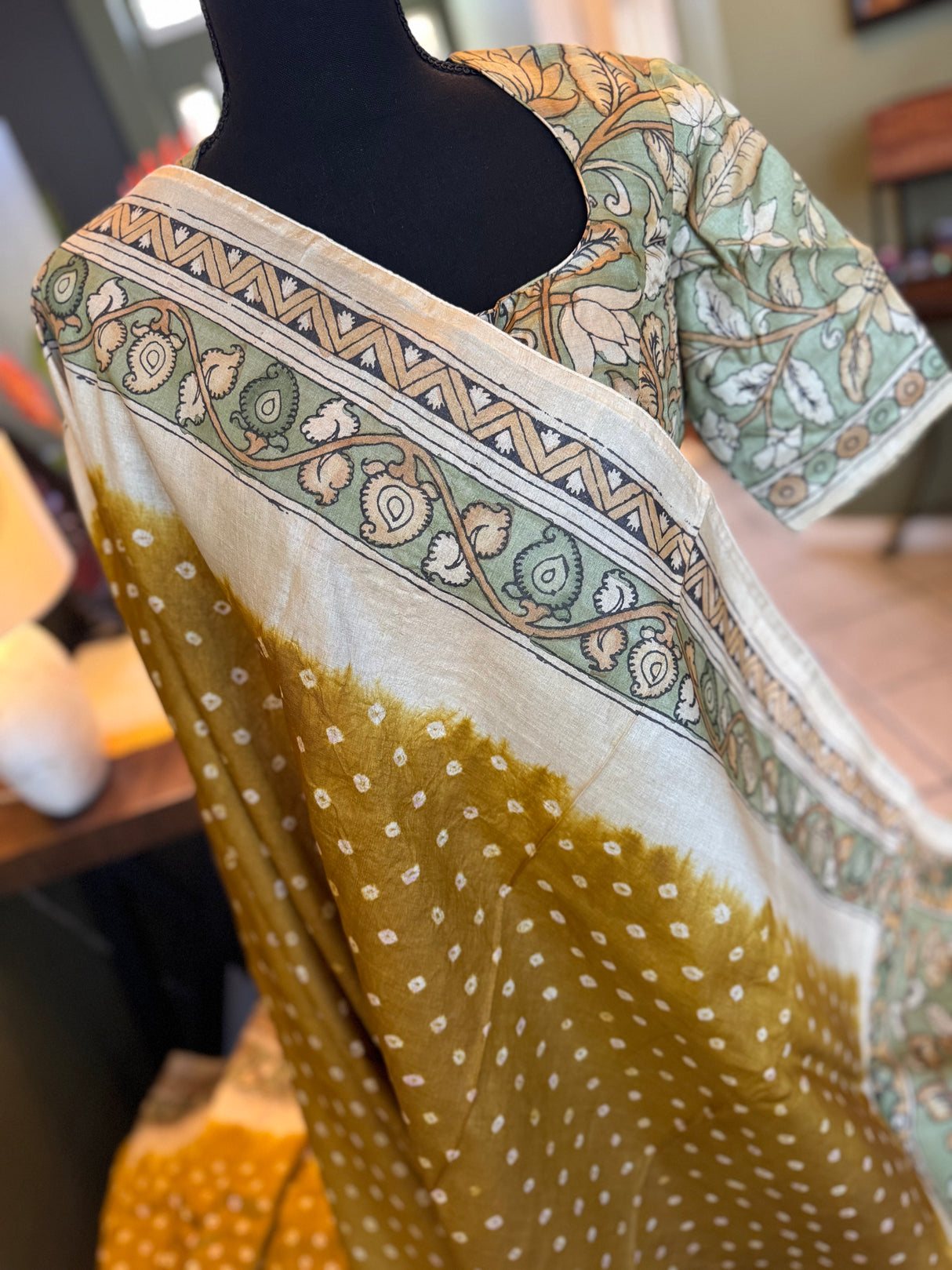 Rai Bandhej with Pen Kalamkari on Gachi Tussar