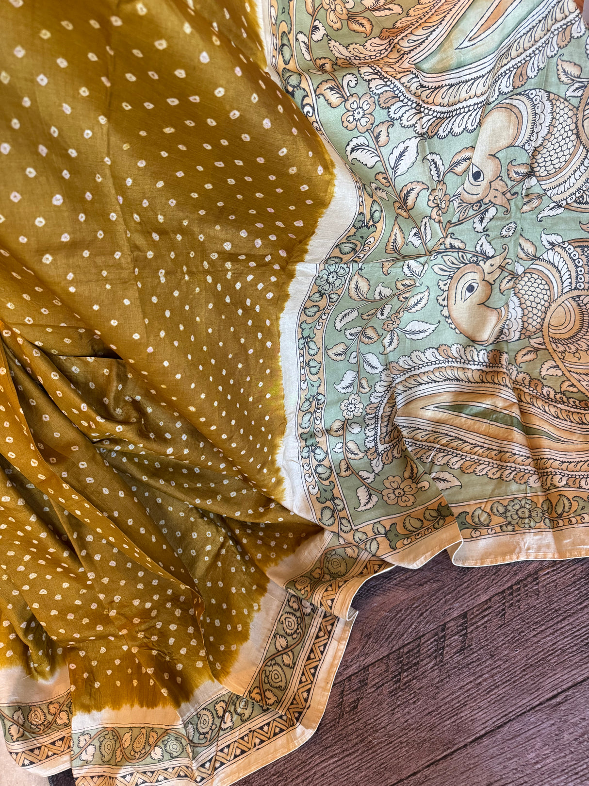 Rai Bandhej with Pen Kalamkari on Gachi Tussar