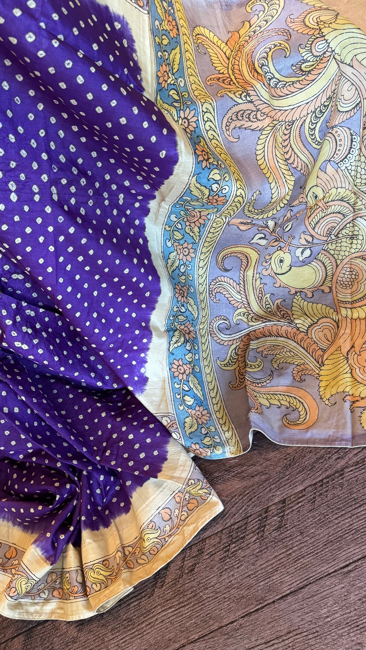 Rai Bandhej with Pen Kalamkari on Gachi Tussar