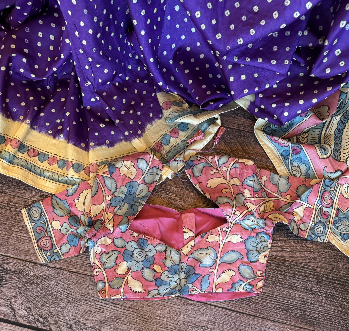 Rai Bandhej with Pen Kalamkari on Gachi Tussar