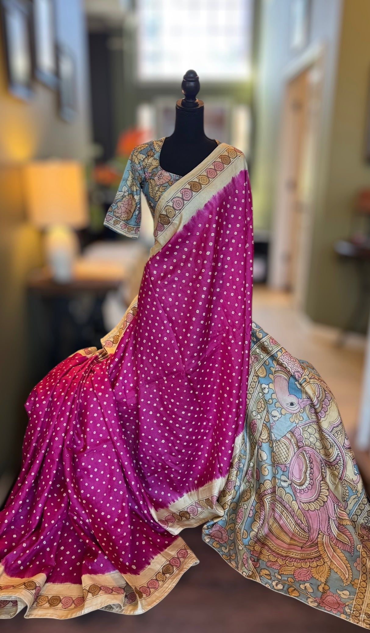 Rai Bandhej with Pen Kalamkari on Gachi Tussar