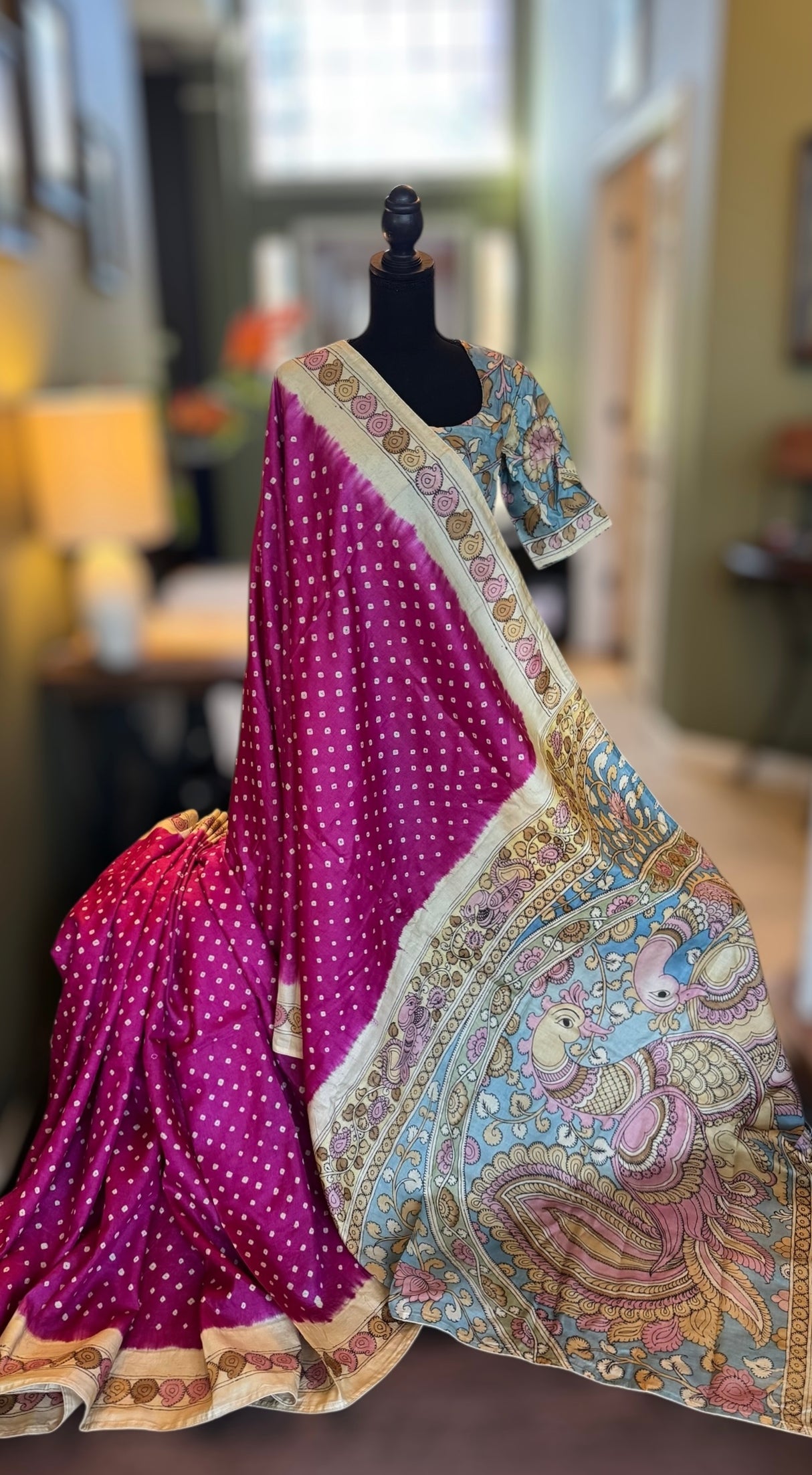 Rai Bandhej with Pen Kalamkari on Gachi Tussar