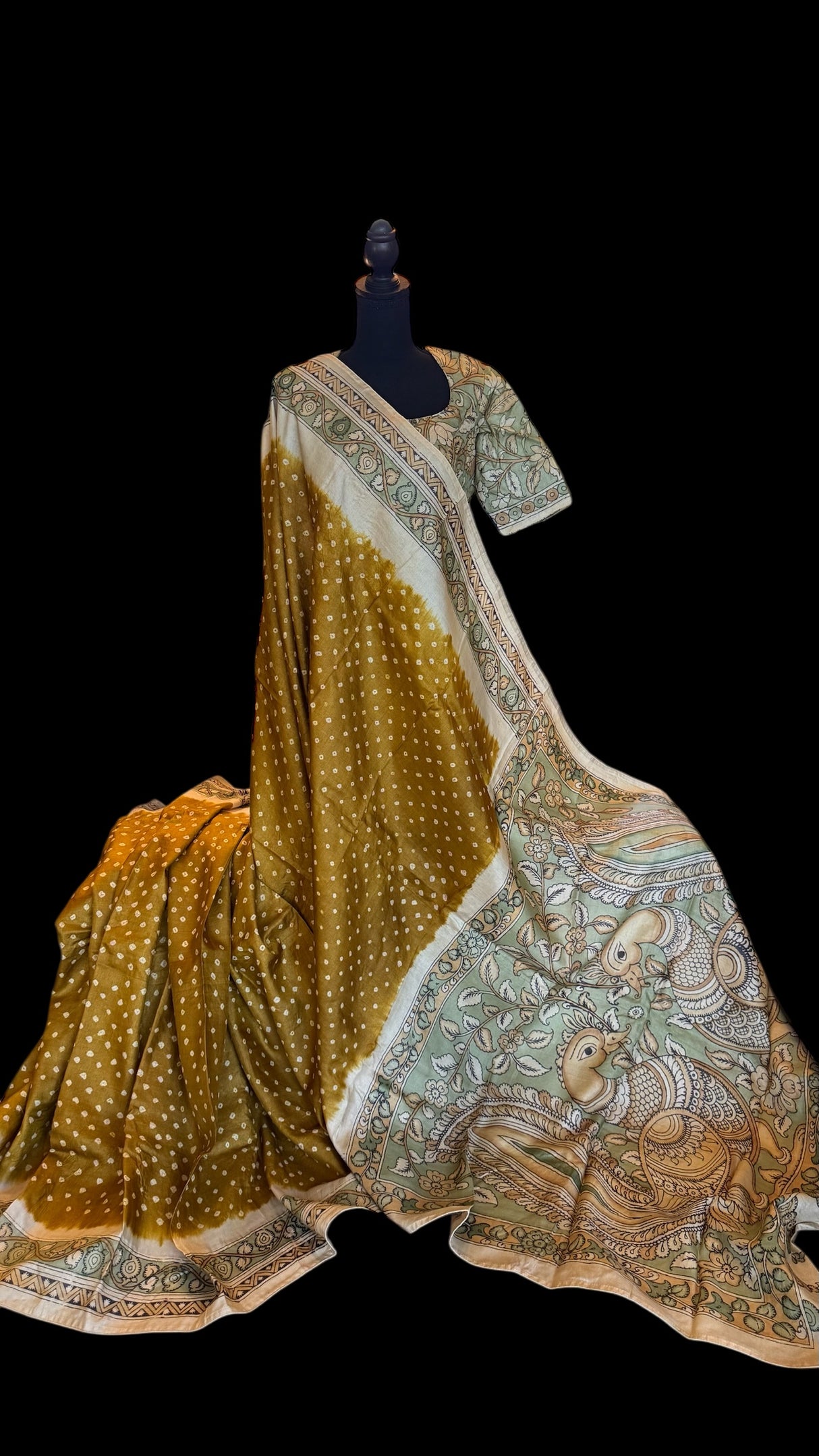 Rai Bandhej with Pen Kalamkari on Gachi Tussar