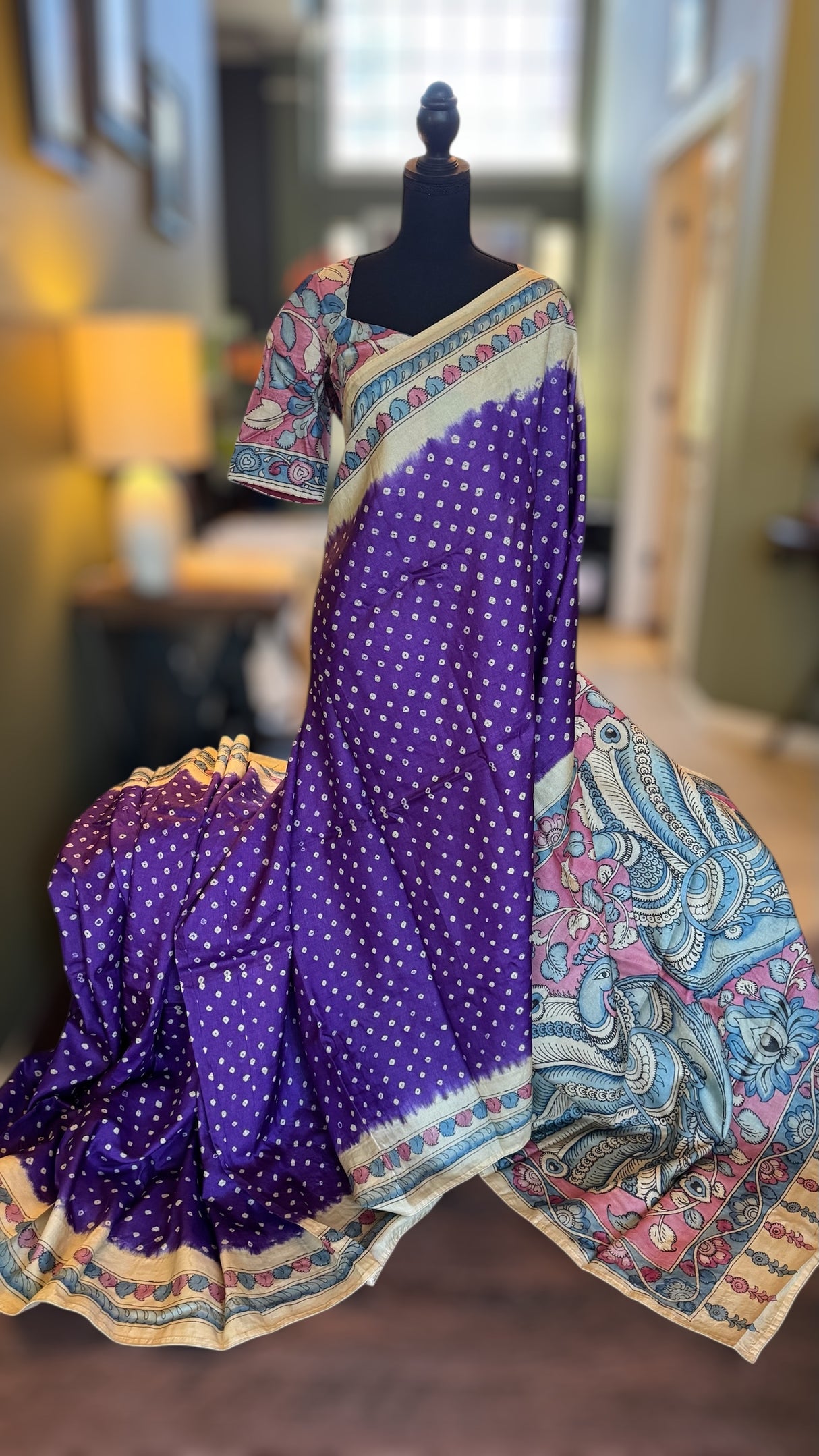 Rai Bandhej with Pen Kalamkari on Gachi Tussar