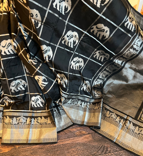 Ikkat Kanchipuram fusion elephant design Handloom Pure Silk  AUS