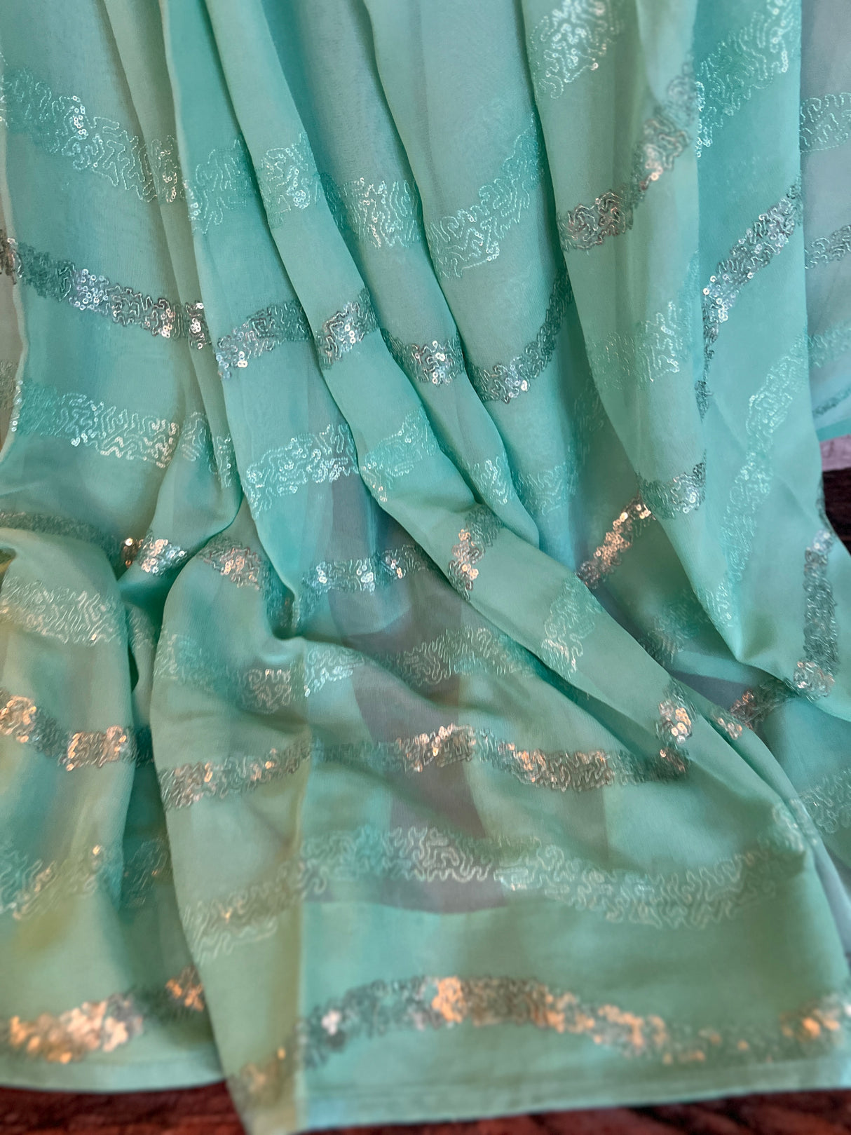 Soft sequence work pure sea green color  Georgette Party Saree AUS