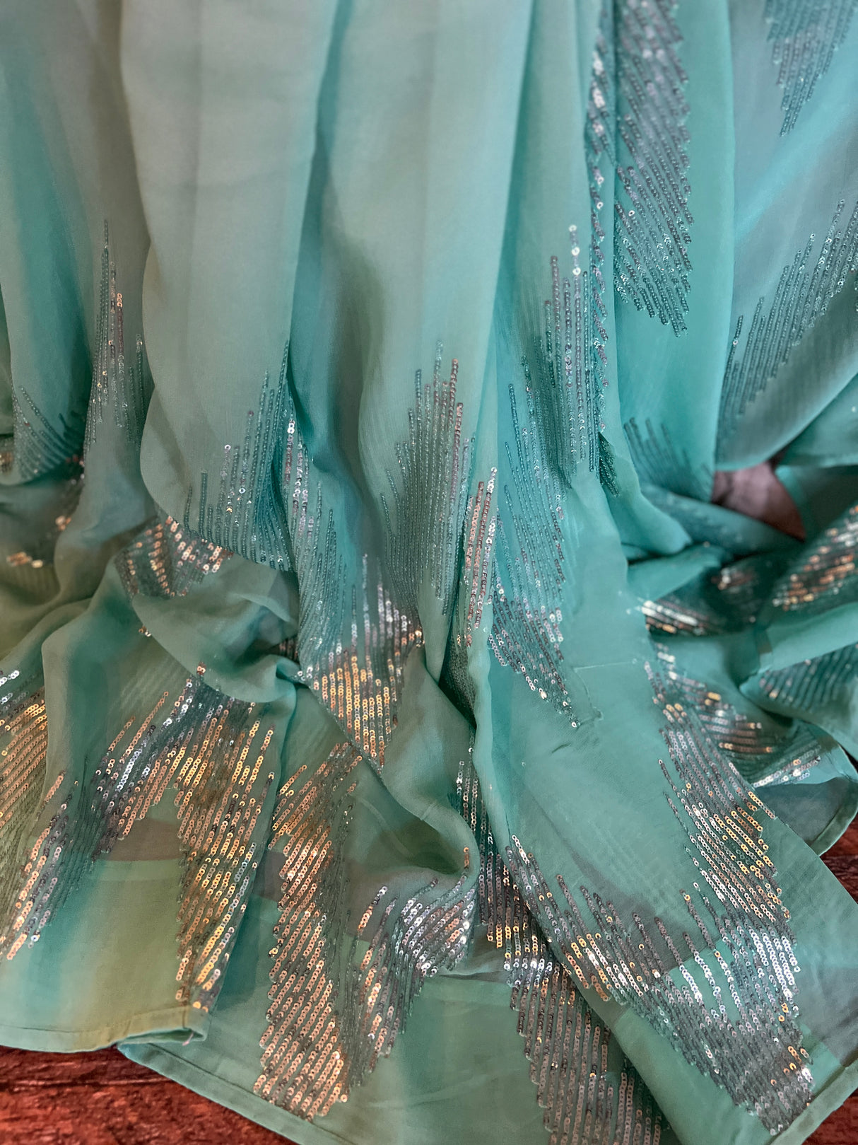 Soft sequence work sea green color pure Georgette Party Saree AUS