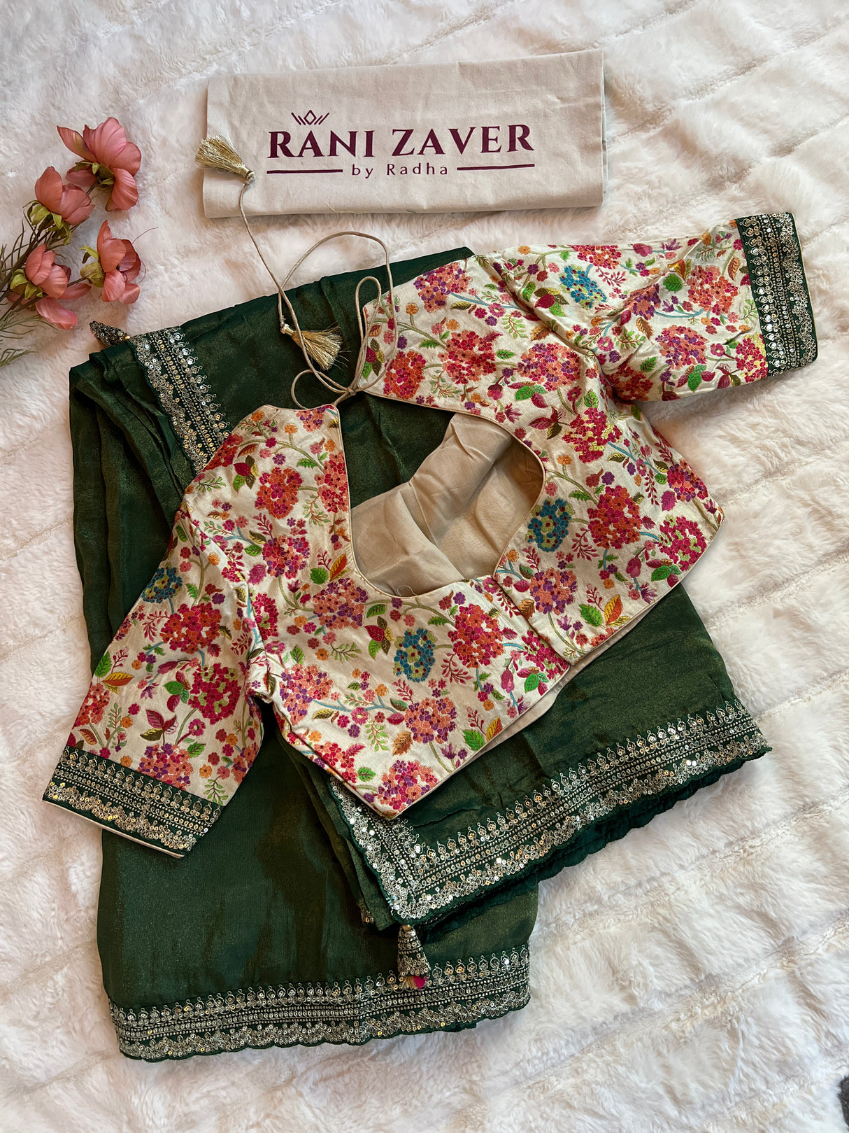 Dark Green Tissue Organza with Sabyasachi borders Saree With Floral Kani Blouse AUS