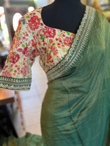 Dark Green Tissue Organza with Sabyasachi borders Saree With Floral Kani Blouse AUS