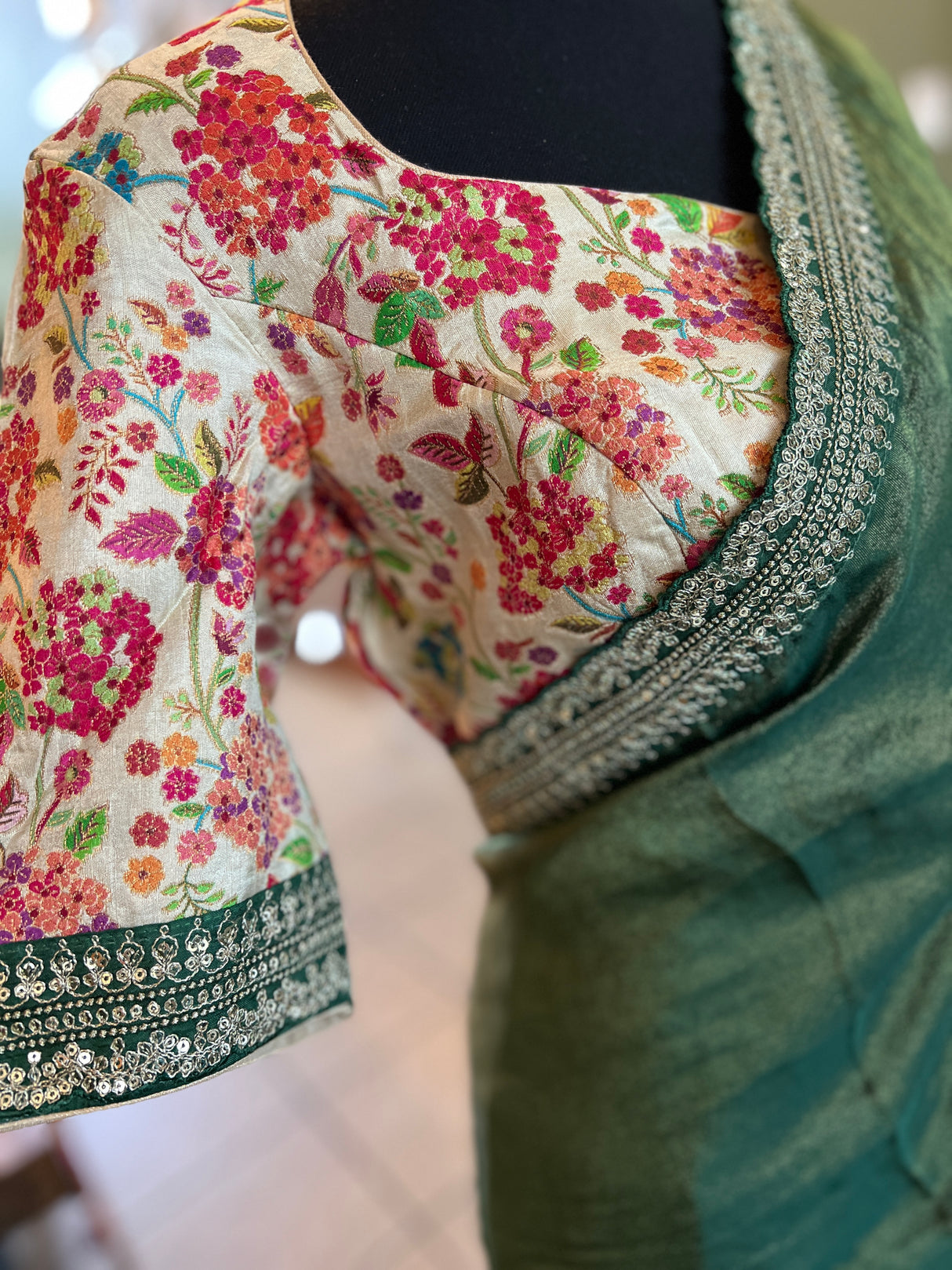 Dark Green Tissue Organza with Sabyasachi borders Saree With Floral Kani Blouse AUS