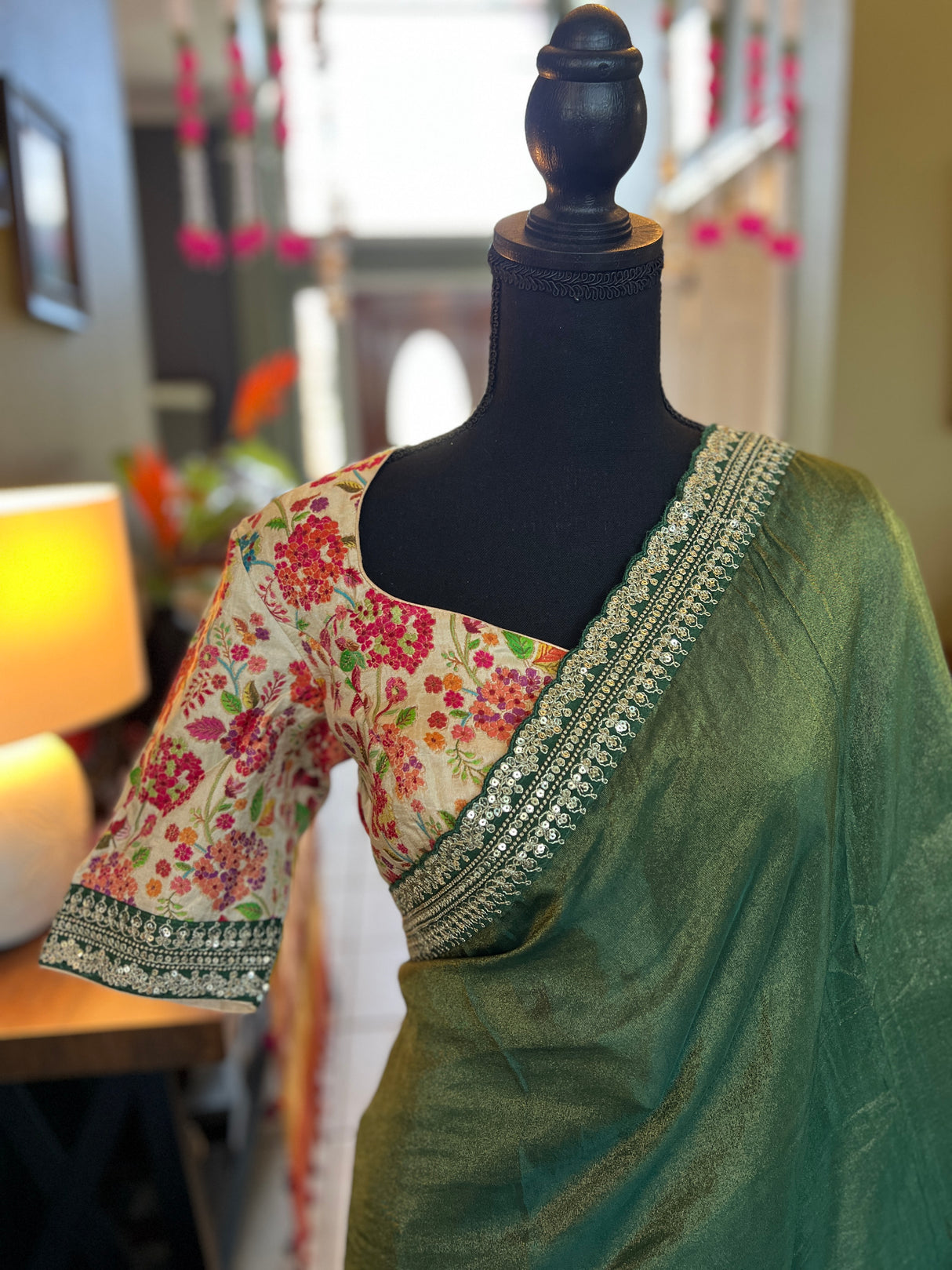 Dark Green Tissue Organza with Sabyasachi borders Saree With Floral Kani Blouse AUS