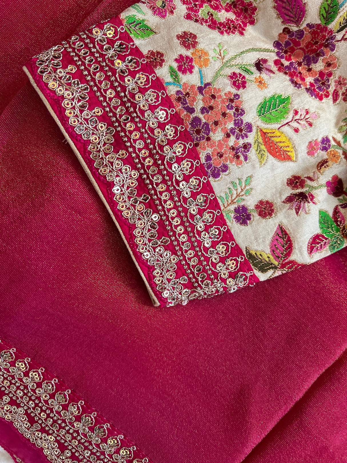 Strawberry Red/Pink Tissue Organza with Sabyasachi borders Saree With Floral Kani Blouse AUS