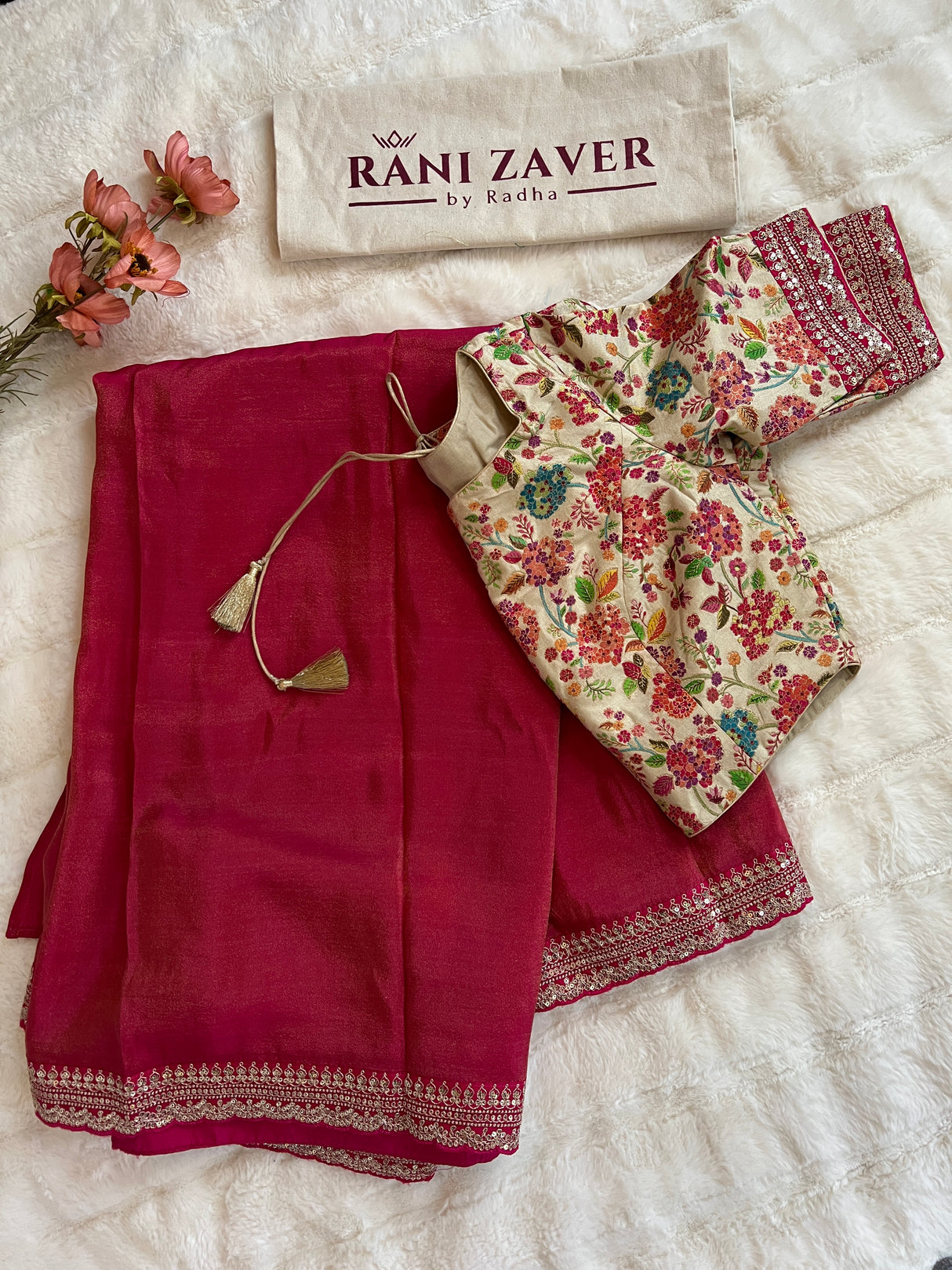 Strawberry Red/Pink Tissue Organza with Sabyasachi borders Saree With Floral Kani Blouse AUS