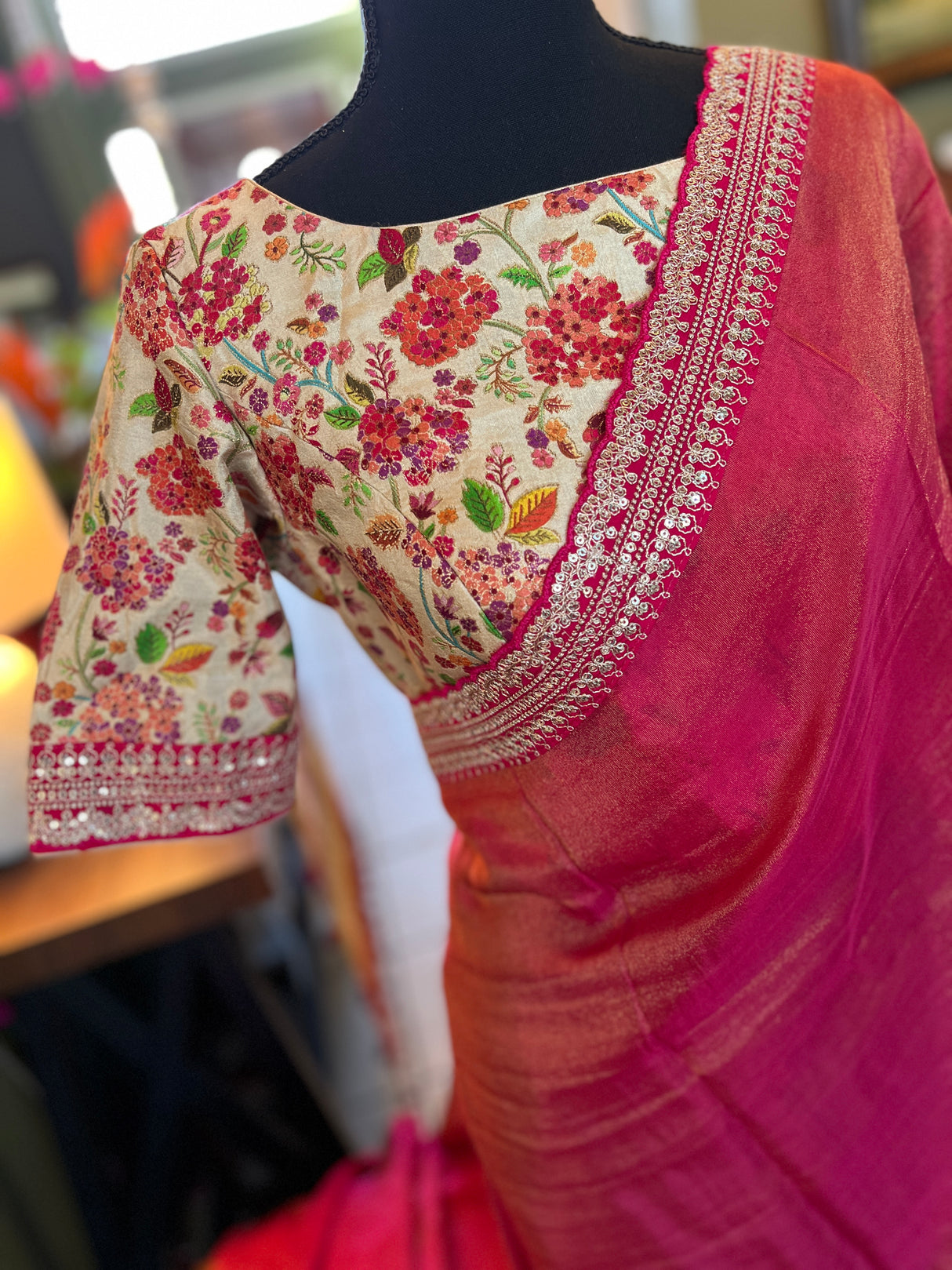 Strawberry Red/Pink Tissue Organza with Sabyasachi borders Saree With Floral Kani Blouse AUS