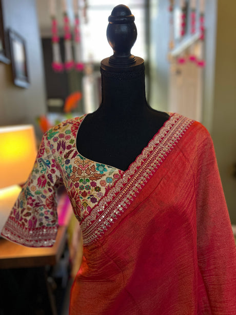 Reddish Orange Tissue Organza with Sabyasachi borders Saree With Floral Kani Blouse AUS