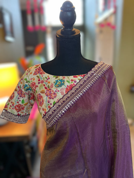 Deep Purple Tissue Organza with Sabyasachi borders Saree With Floral Kani Blouse AUS