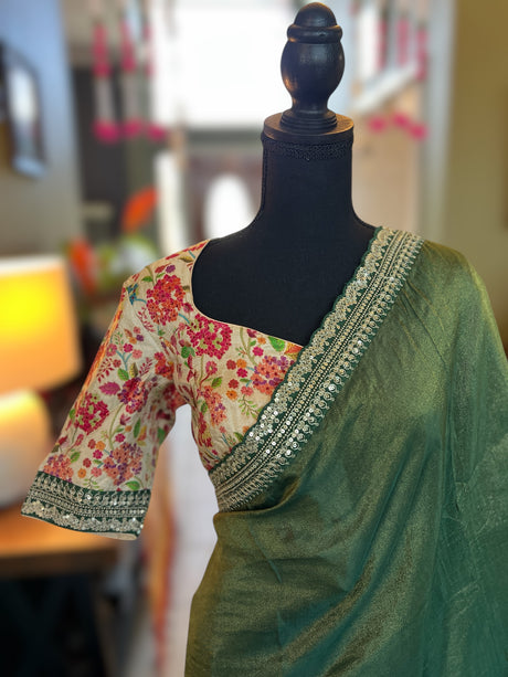 Dark Green Tissue Organza with Sabyasachi borders Saree With Floral Kani Blouse AUS