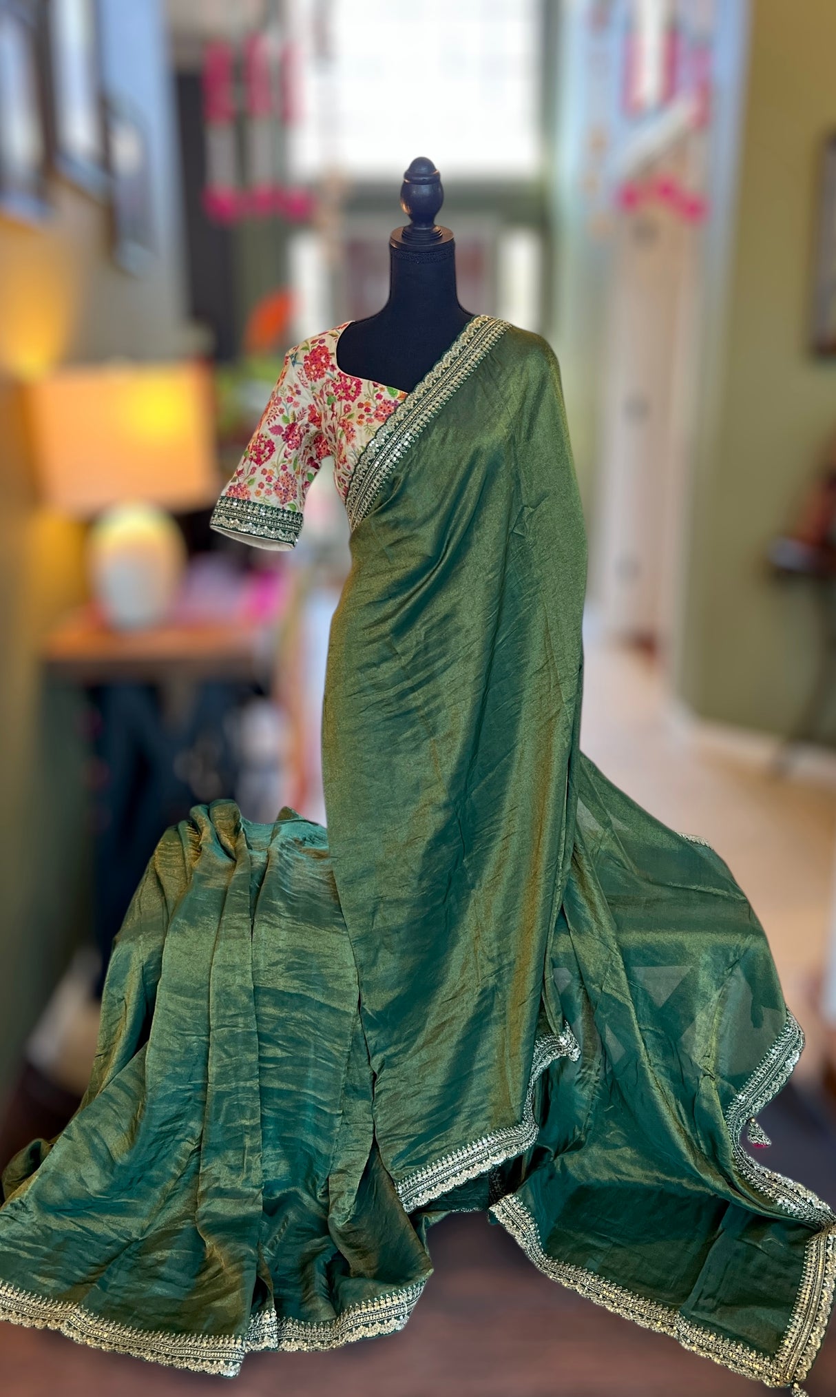 Dark Green Tissue Organza with Sabyasachi borders Saree With Floral Kani Blouse AUS