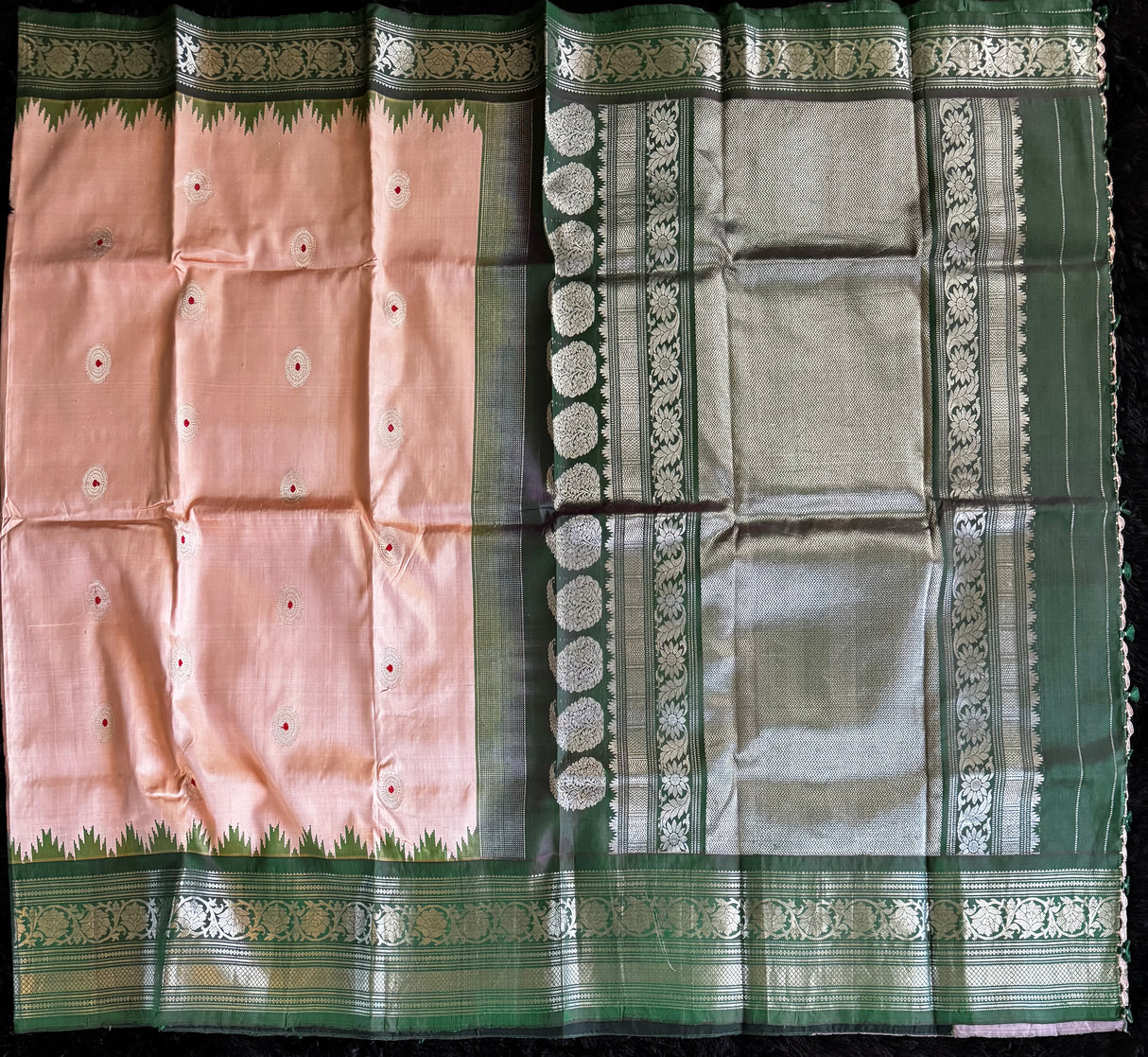 Pastel Pink/Bottle Green Silver Zari Gadwal Handloom Pure Silk