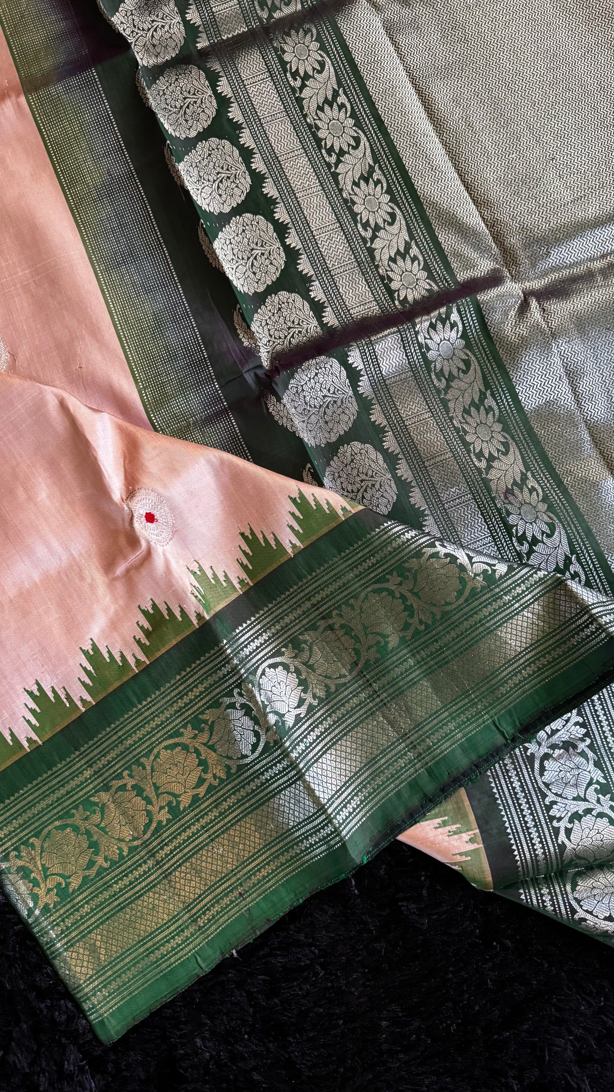 Pastel Pink/Bottle Green Silver Zari Gadwal Handloom Pure Silk