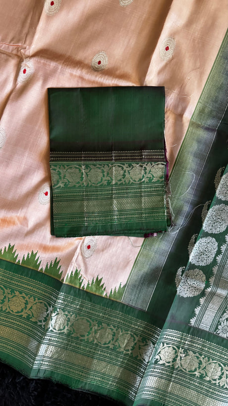 Pastel Pink/Bottle Green Silver Zari Gadwal Handloom Pure Silk